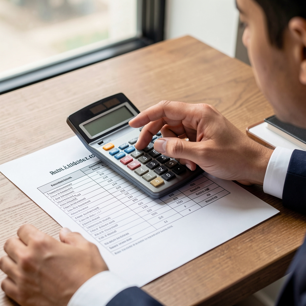 Persona calculando el ratio de liquidez corriente con calculadora sobre un balance impreso de una pequeña empresa