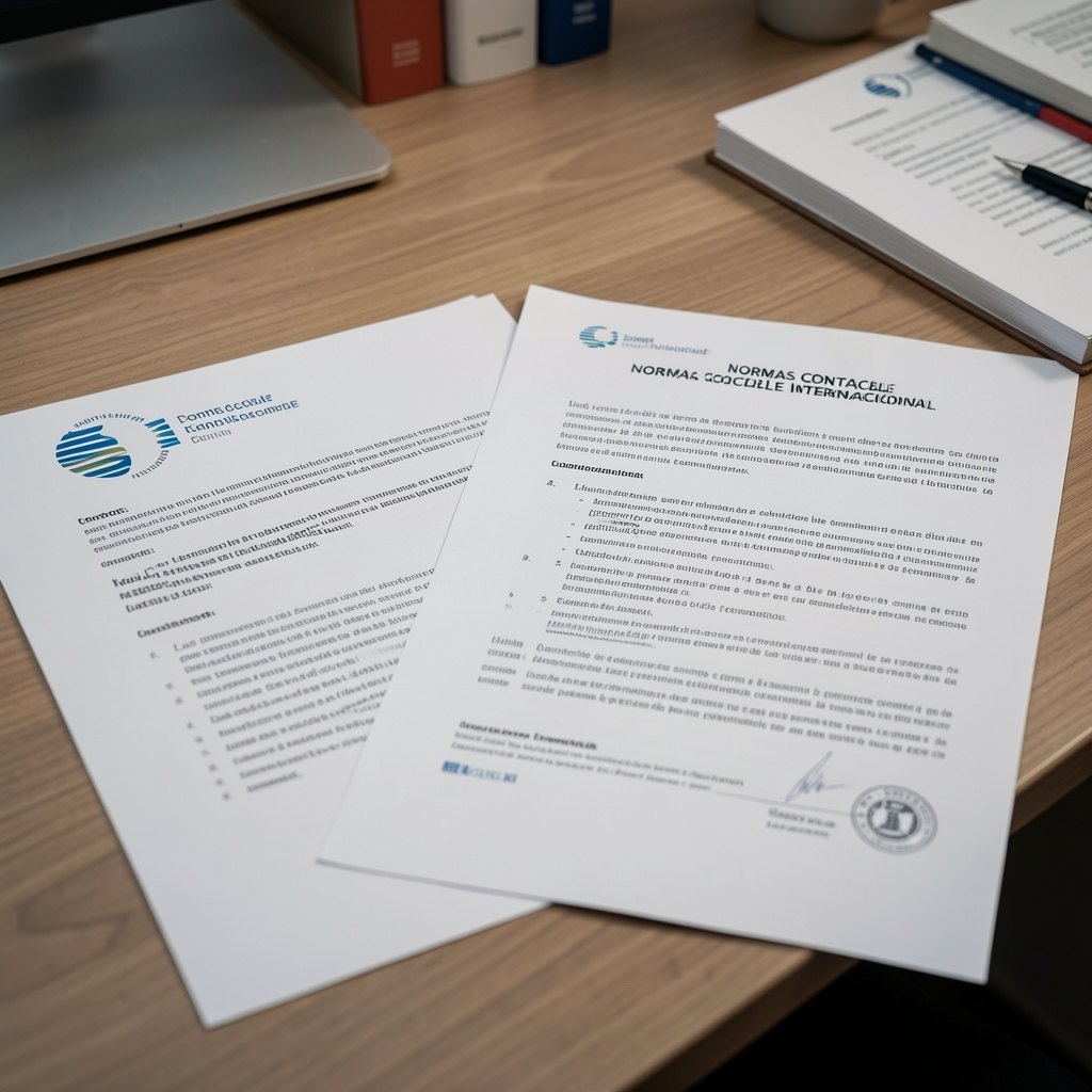 Documentos con el logotipo de normas contables internacionales comparados junto a resoluciones técnicas locales sobre un escritorio