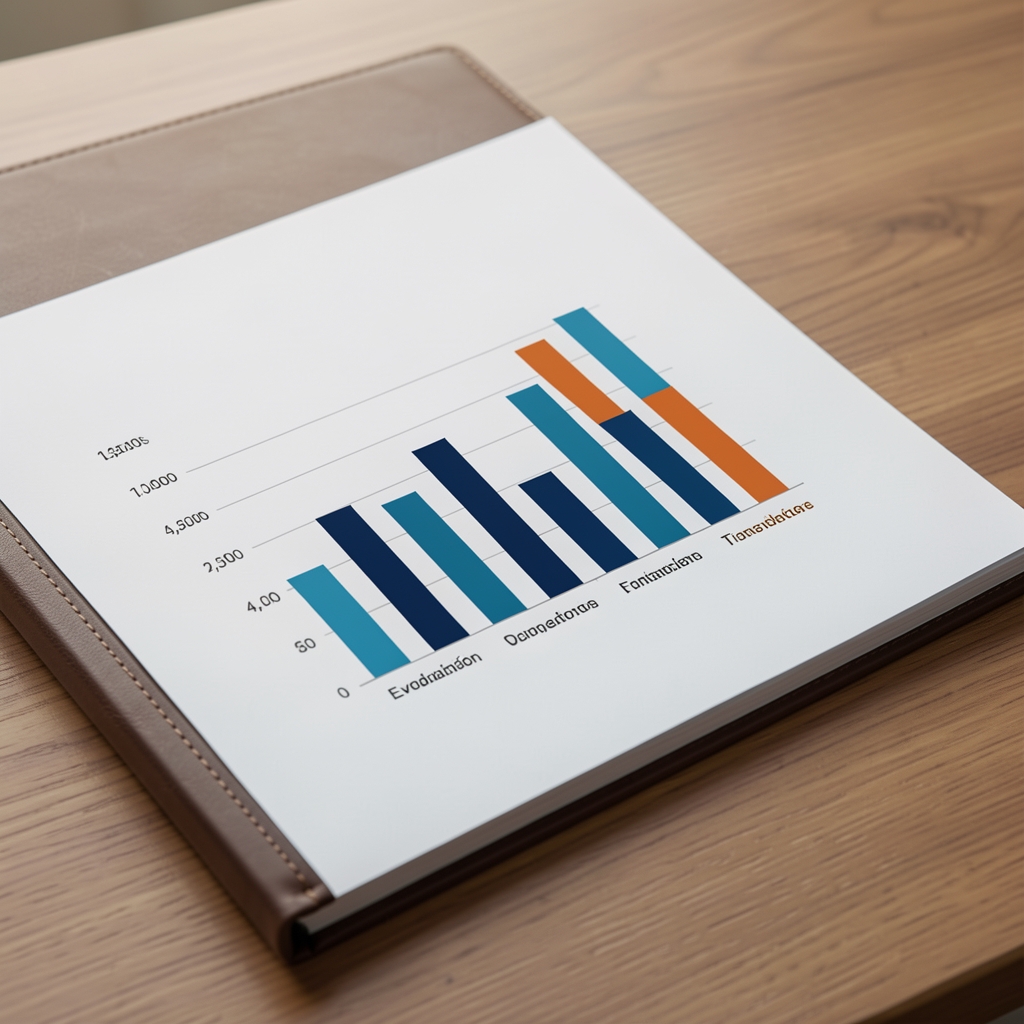 Gráfico de barras impreso mostrando la evolución de ventas trimestrales de una empresa ficticia sobre una carpeta de análisis financiero