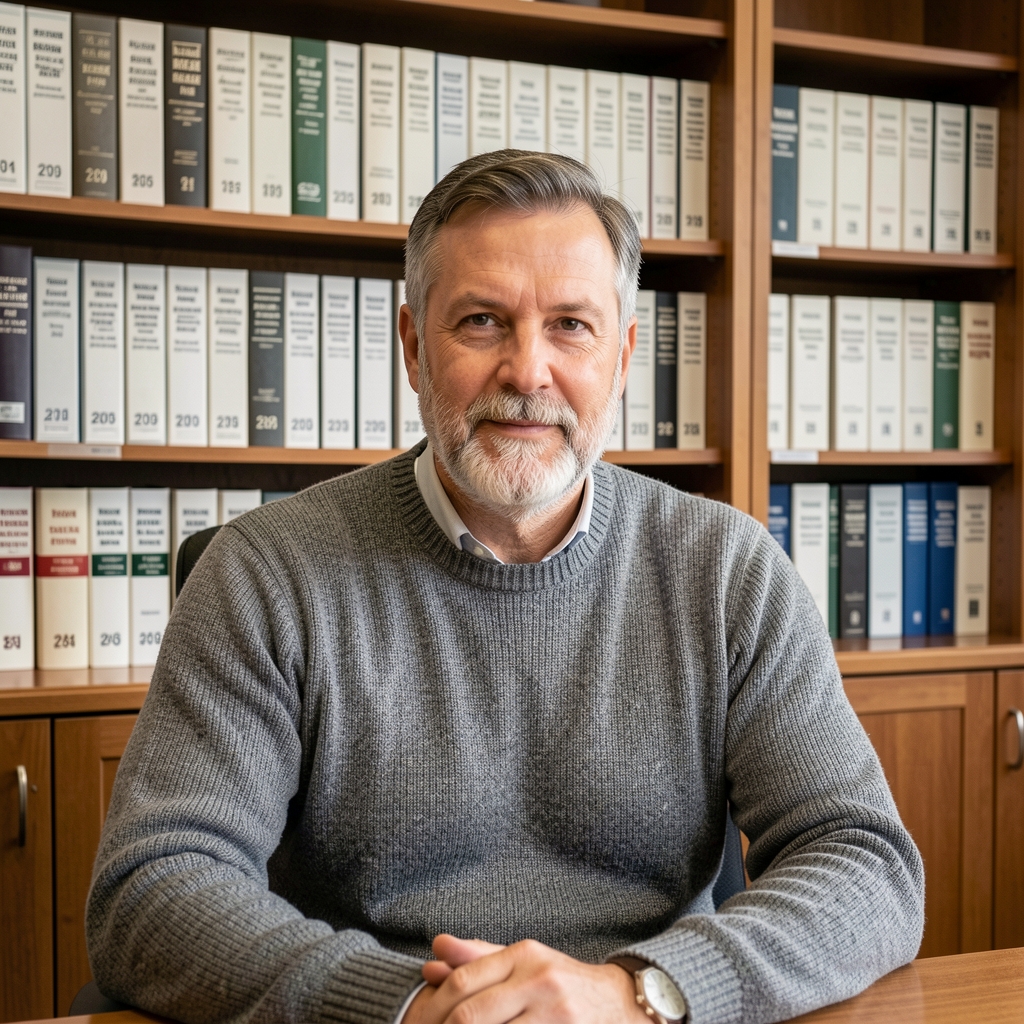 Hombre de unos 45 años con barba canosa y sweater gris sentado frente a una biblioteca de normas contables ordenadas por año