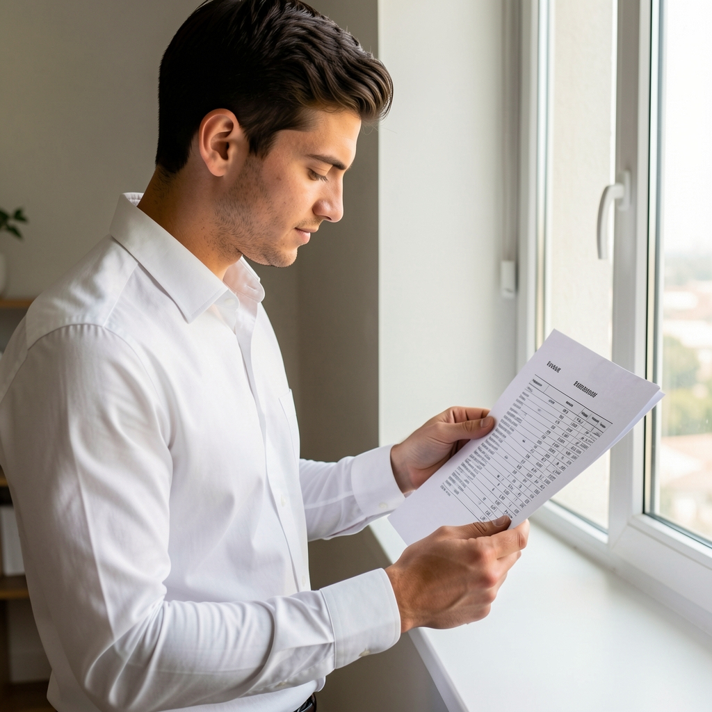 Hombre joven de unos 27 años con camisa blanca revisando un documento impreso de un balance general junto a una ventana con luz natural