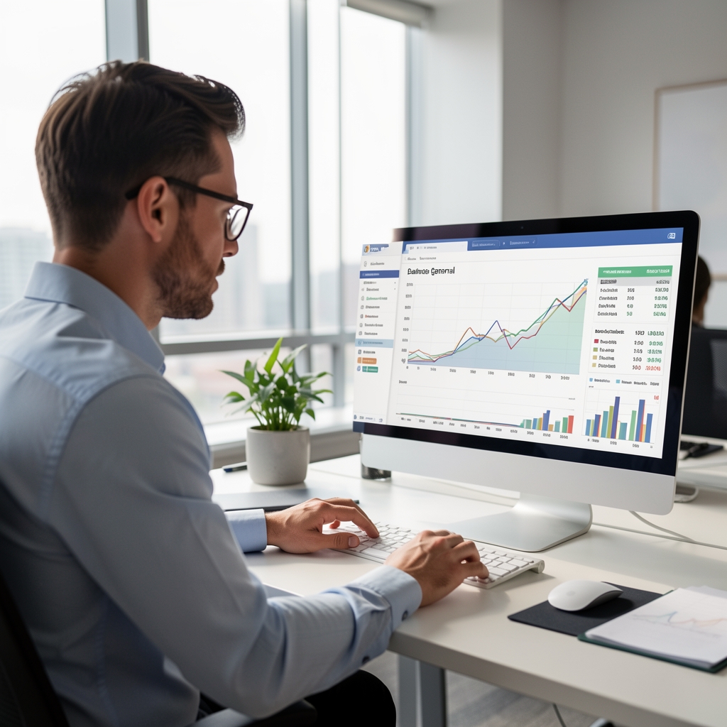 Analista financiero revisando gráficos de balance general y estado de resultados en una pantalla de computadora dentro de una oficina moderna de Buenos Aires