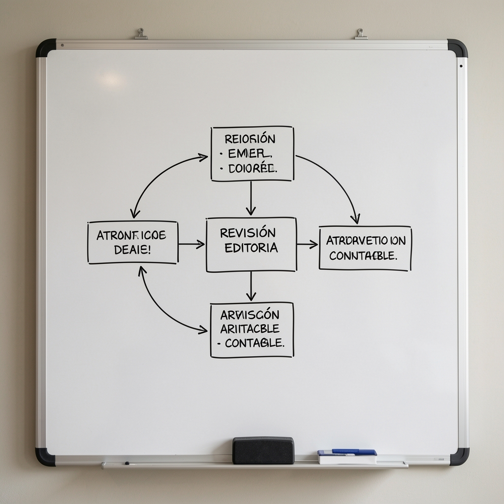 Pizarra blanca con un diagrama de flujo dibujado a mano que representa las etapas de revisión editorial de un artículo contable