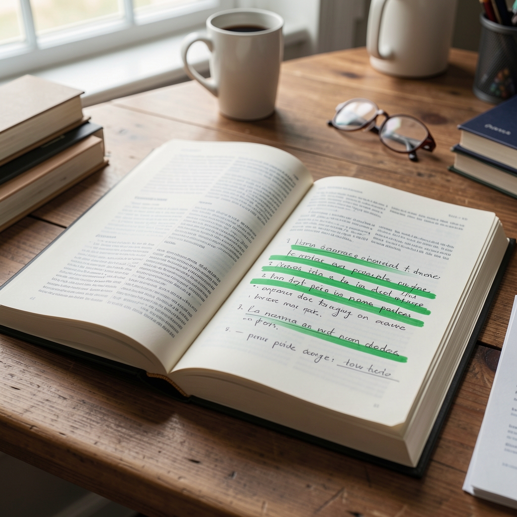 Libro de normas contables abierto junto a anotaciones manuscritas subrayadas en verde sobre una mesa de estudio con luz natural