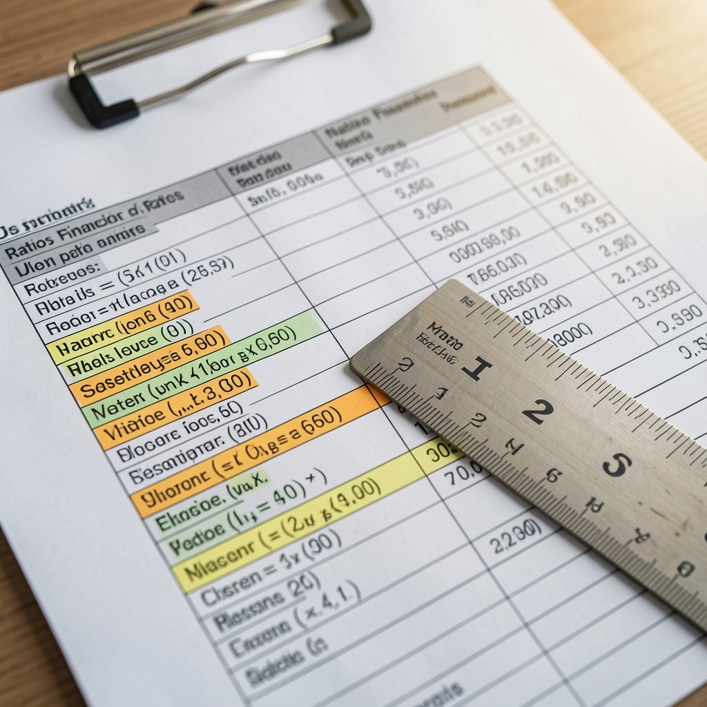 Primer plano de una hoja de cálculo impresa con fórmulas de ratios financieros resaltadas y una regla apoyada sobre la tabla de datos