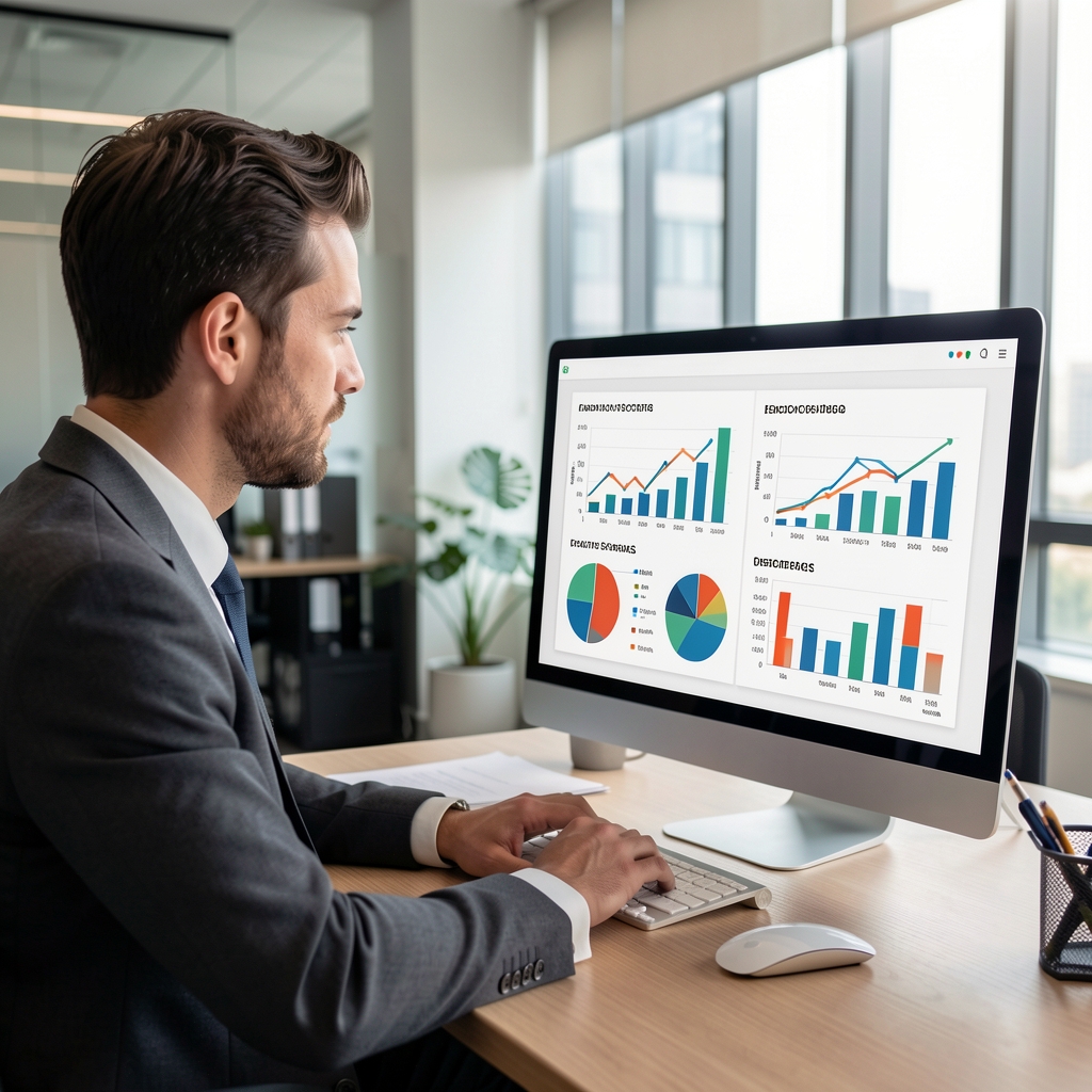 Analista financiero revisando gráficos comparativos de distintos sectores económicos en una pantalla de computadora en una oficina moderna