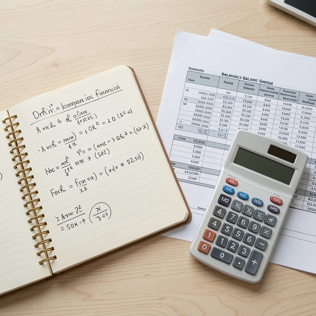 Cuaderno con anotaciones de fórmulas de ratios financieros junto a una calculadora y hojas impresas de un balance general sobre un escritorio de madera clara