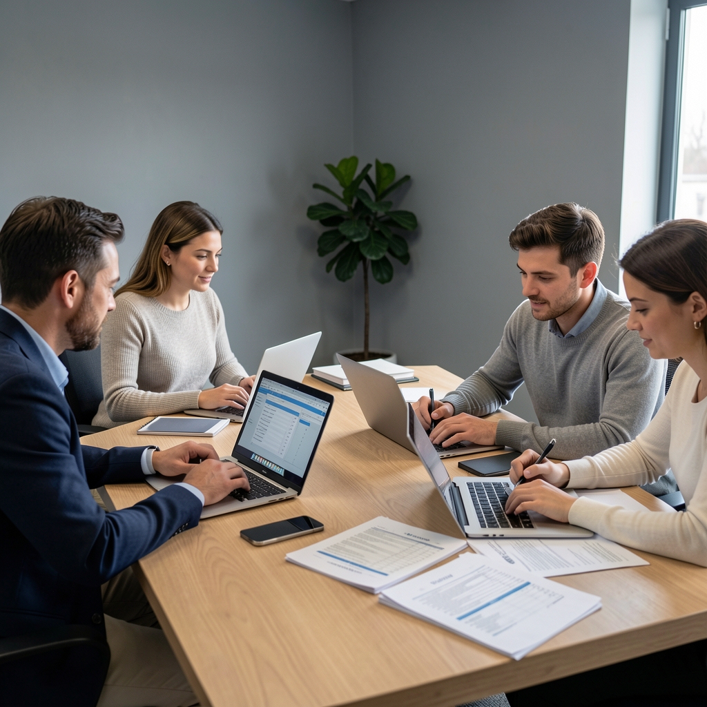Equipo de redacción trabajando alrededor de una mesa con notebooks y documentos impresos de estados contables en una oficina de estilo minimalista con paredes grises